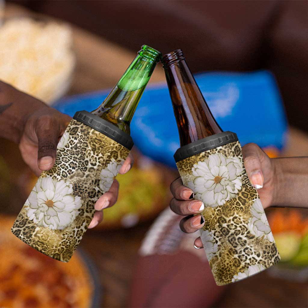 African Leopard Floral Pattern 4 in 1 Can Cooler Tumbler Savannah Gold