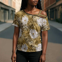 African Leopard Floral Pattern Cross Shoulder Shirt Savannah Gold