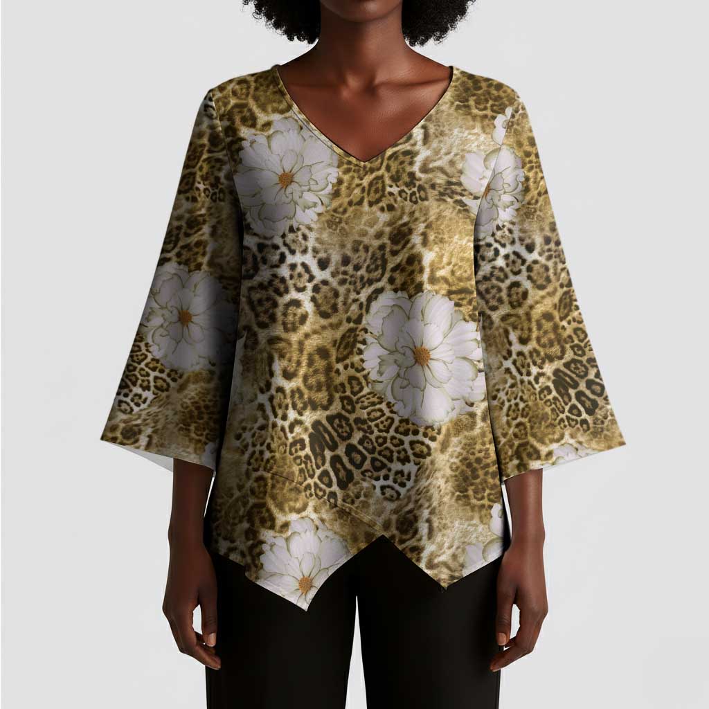 African Leopard Floral Pattern Kimono Sleeve Blouse Savannah Gold