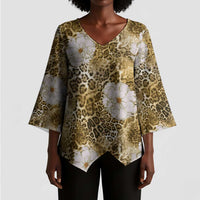 African Leopard Floral Pattern Kimono Sleeve Blouse Savannah Gold