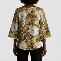 African Leopard Floral Pattern Kimono Sleeve Blouse Savannah Gold