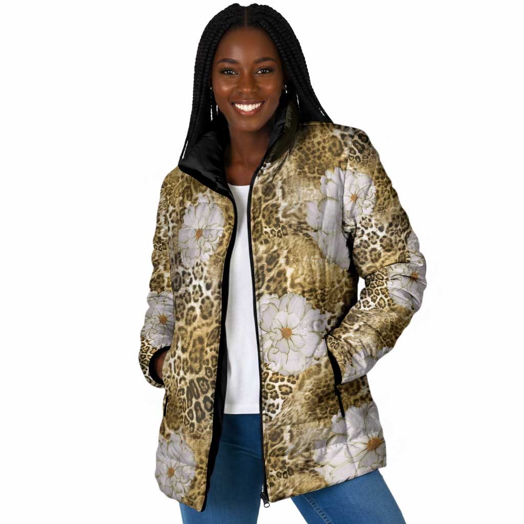 African Leopard Floral Pattern Padded Jacket Savannah Gold