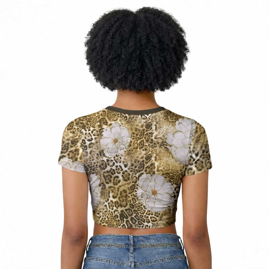 African Leopard Floral Pattern Raglan Cropped T shirt Savannah Gold