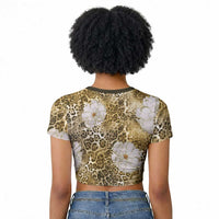 African Leopard Floral Pattern Raglan Cropped T shirt Savannah Gold