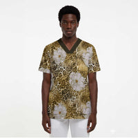 African Leopard Floral Pattern Scrub Top Savannah Gold