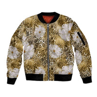 African Leopard Floral Pattern Sleeve Zip Bomber Jacket Savannah Gold