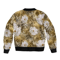 African Leopard Floral Pattern Sleeve Zip Bomber Jacket Savannah Gold