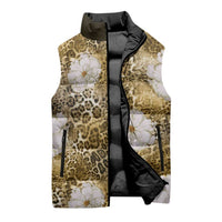 African Leopard Floral Pattern Sleeveless Puffer Jacket Savannah Gold