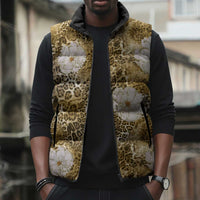 African Leopard Floral Pattern Sleeveless Puffer Jacket Savannah Gold