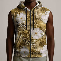 African Leopard Floral Pattern Sleeveless Zip Hoodie Savannah Gold