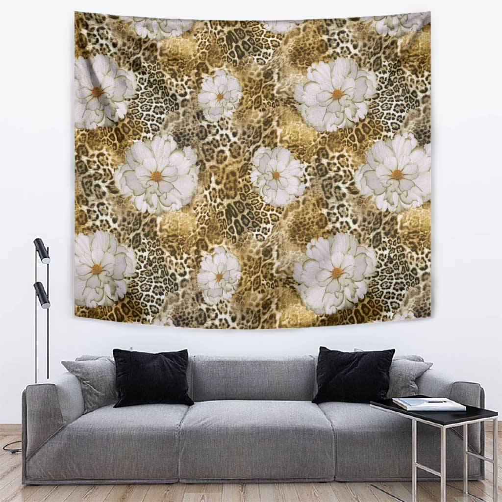 African Leopard Floral Pattern Tapestry Savannah Gold