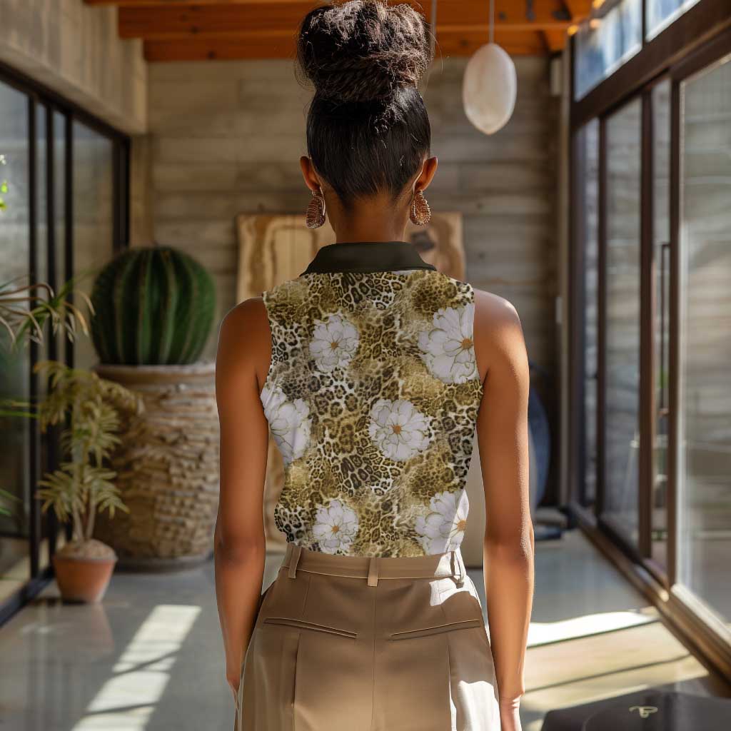 African Leopard Floral Pattern Women Sleeveless Polo Shirt Savannah Gold
