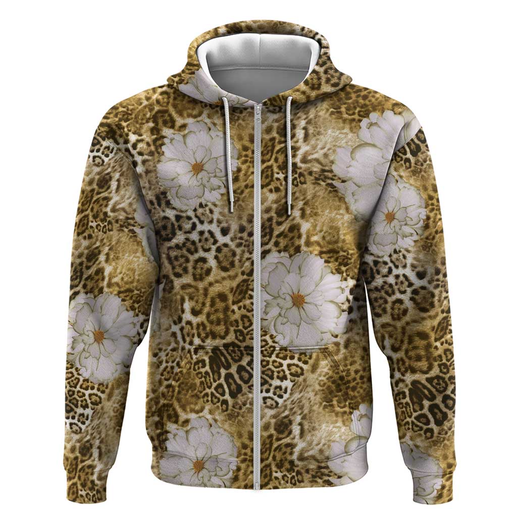 African Leopard Floral Pattern Zip Hoodie Savannah Gold