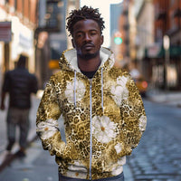 African Leopard Floral Pattern Zip Hoodie Savannah Gold