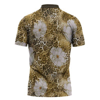 African Leopard Floral Pattern Zipper Polo Shirt Savannah Gold