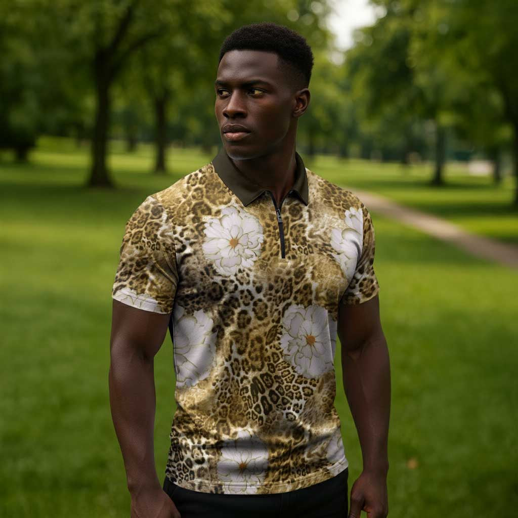African Leopard Floral Pattern Zipper Polo Shirt Savannah Gold