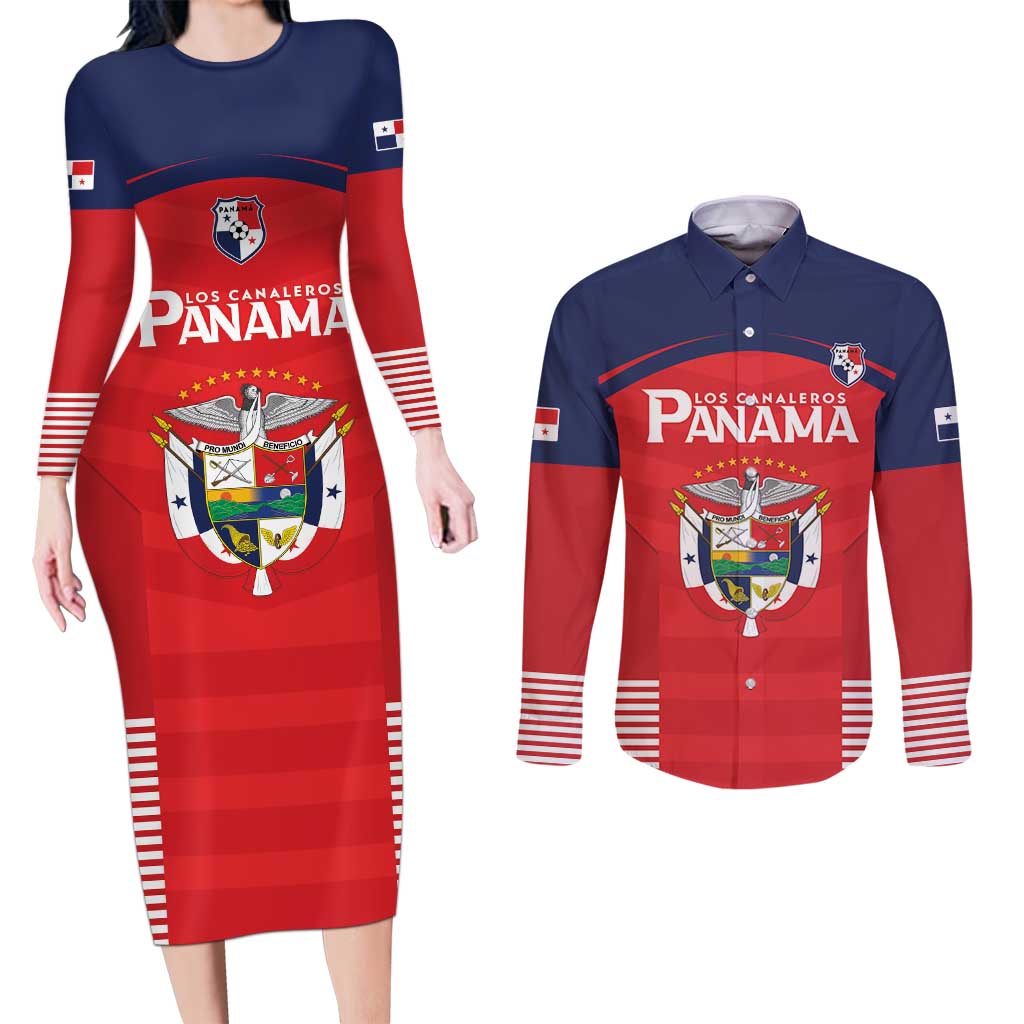 Custom Panama Football Couples Matching Long Sleeve Bodycon Dress and Long Sleeve Button Shirt Go Los Canaleros Go