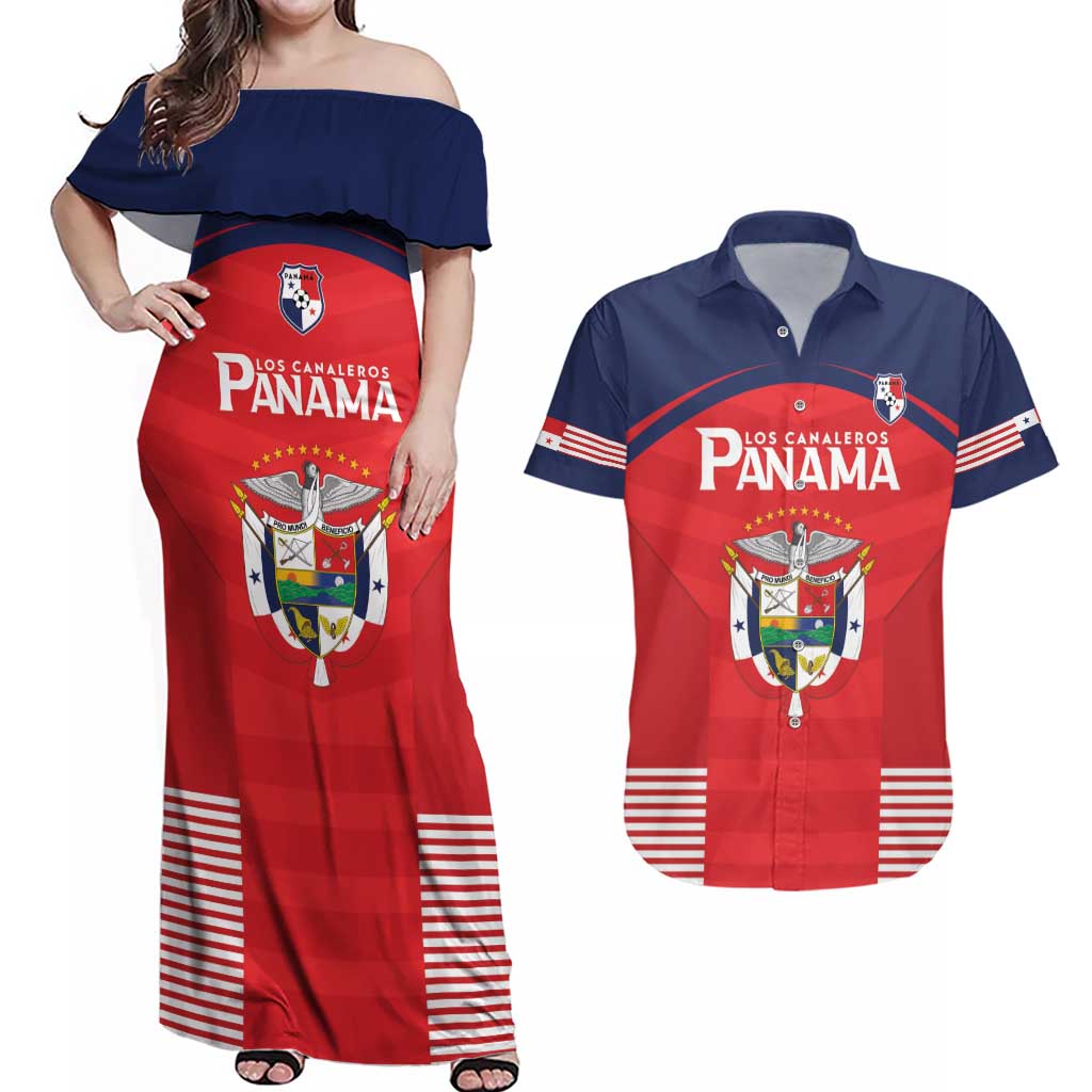 Custom Panama Football Couples Matching Off Shoulder Maxi Dress and Hawaiian Shirt Go Los Canaleros Go