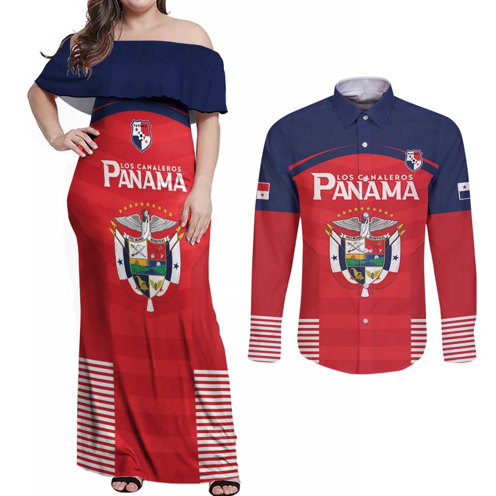 Custom Panama Football Couples Matching Off Shoulder Maxi Dress and Long Sleeve Button Shirt Go Los Canaleros Go