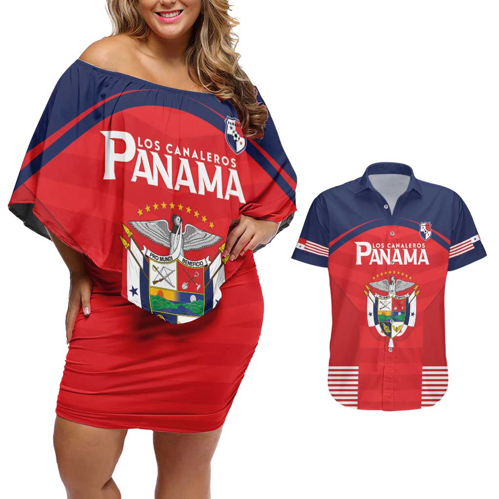 Custom Panama Football Couples Matching Off Shoulder Short Dress and Hawaiian Shirt Go Los Canaleros Go