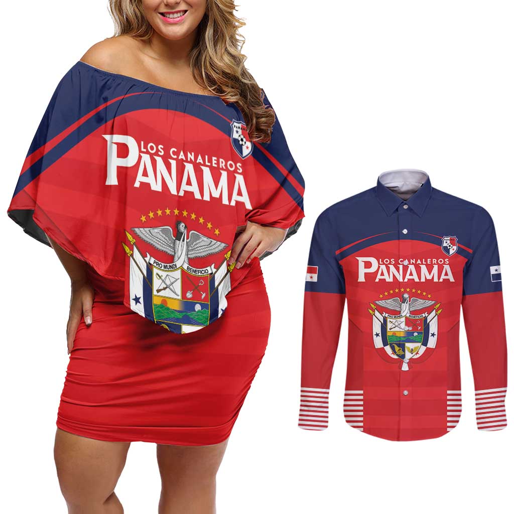 Custom Panama Football Couples Matching Off Shoulder Short Dress and Long Sleeve Button Shirt Go Los Canaleros Go