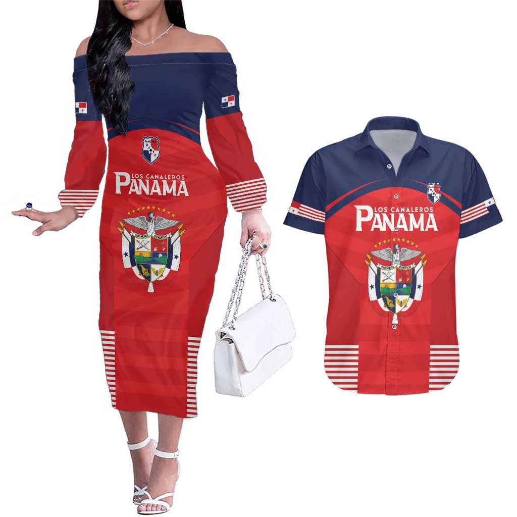 Custom Panama Football Couples Matching Off The Shoulder Long Sleeve Dress and Hawaiian Shirt Go Los Canaleros Go