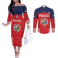Custom Panama Football Couples Matching Off The Shoulder Long Sleeve Dress and Long Sleeve Button Shirt Go Los Canaleros Go