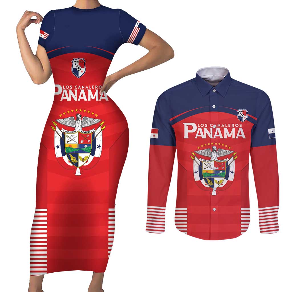 Custom Panama Football Couples Matching Short Sleeve Bodycon Dress and Long Sleeve Button Shirt Go Los Canaleros Go