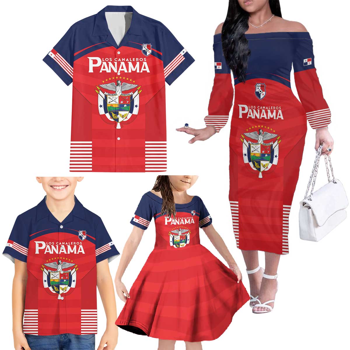 Custom Panama Football Family Matching Off The Shoulder Long Sleeve Dress and Hawaiian Shirt Go Los Canaleros Go