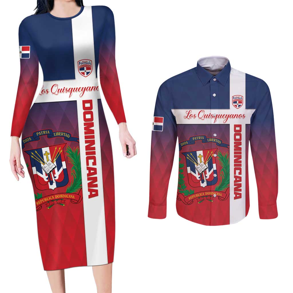 Custom Dominican Republic Football Couples Matching Long Sleeve Bodycon Dress and Long Sleeve Button Shirt Come On Los Quisqueyanos