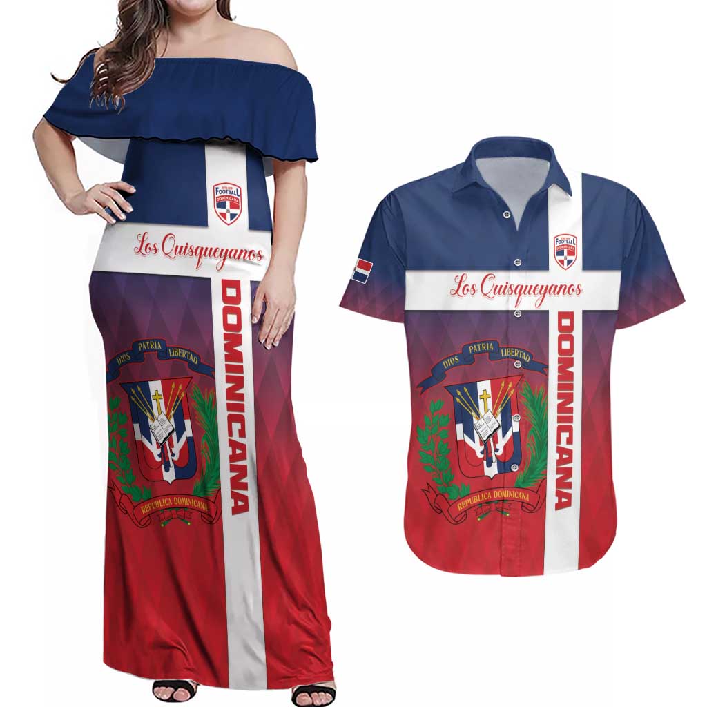 Custom Dominican Republic Football Couples Matching Off Shoulder Maxi Dress and Hawaiian Shirt Come On Los Quisqueyanos