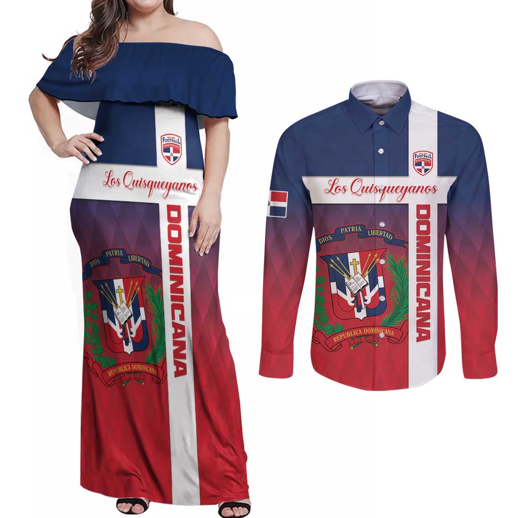 Custom Dominican Republic Football Couples Matching Off Shoulder Maxi Dress and Long Sleeve Button Shirt Come On Los Quisqueyanos