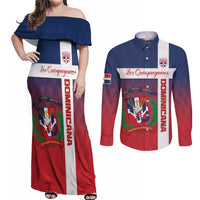 Custom Dominican Republic Football Couples Matching Off Shoulder Maxi Dress and Long Sleeve Button Shirt Come On Los Quisqueyanos