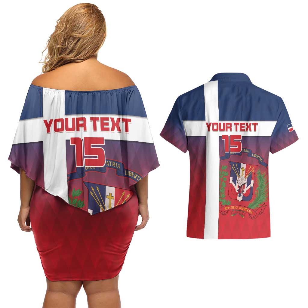 Custom Dominican Republic Football Couples Matching Off Shoulder Short Dress and Hawaiian Shirt Come On Los Quisqueyanos