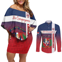 Custom Dominican Republic Football Couples Matching Off Shoulder Short Dress and Long Sleeve Button Shirt Come On Los Quisqueyanos
