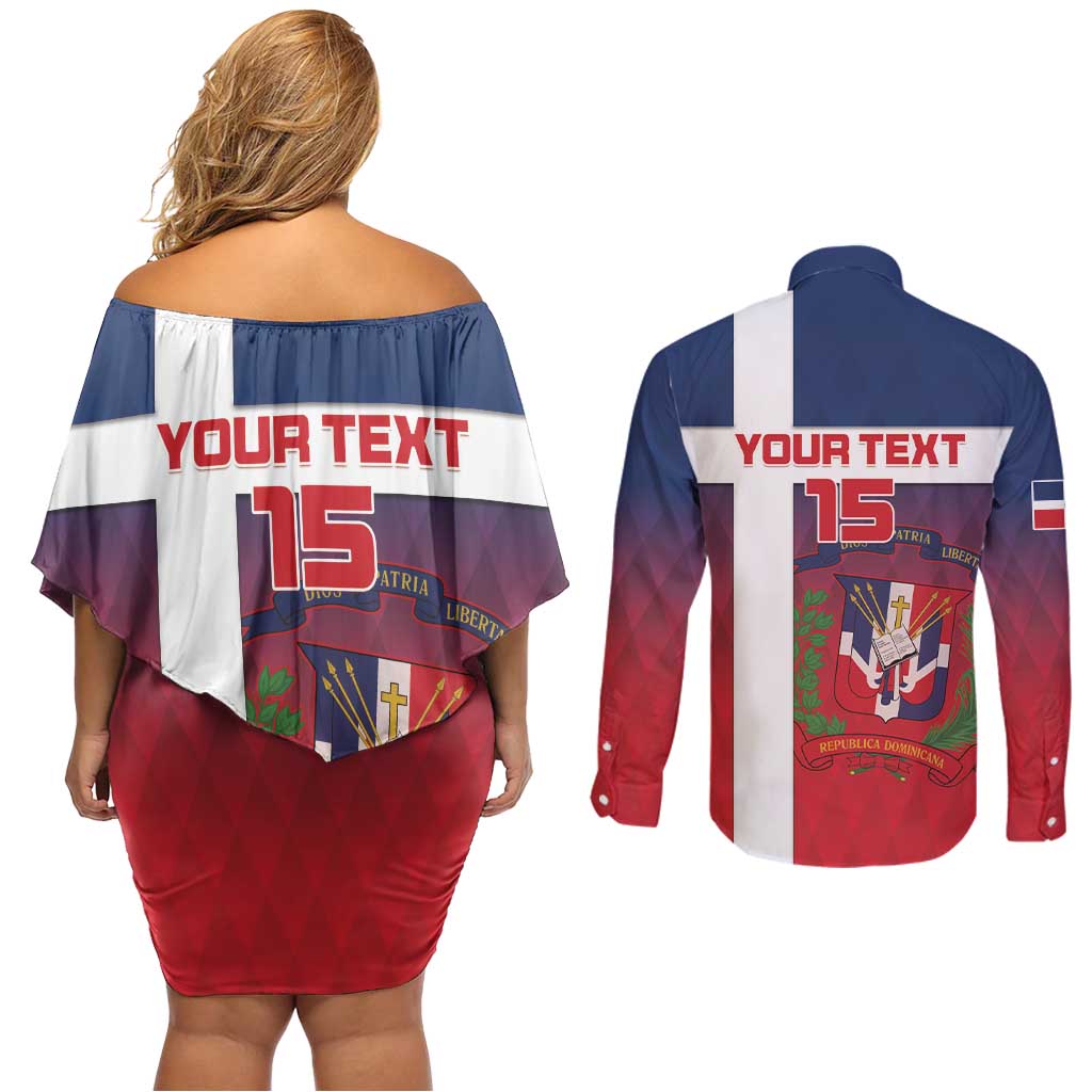 Custom Dominican Republic Football Couples Matching Off Shoulder Short Dress and Long Sleeve Button Shirt Come On Los Quisqueyanos