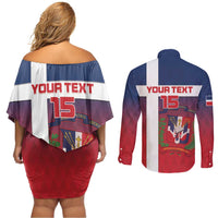 Custom Dominican Republic Football Couples Matching Off Shoulder Short Dress and Long Sleeve Button Shirt Come On Los Quisqueyanos