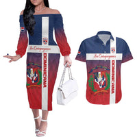 Custom Dominican Republic Football Couples Matching Off The Shoulder Long Sleeve Dress and Hawaiian Shirt Come On Los Quisqueyanos