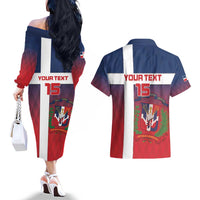 Custom Dominican Republic Football Couples Matching Off The Shoulder Long Sleeve Dress and Hawaiian Shirt Come On Los Quisqueyanos