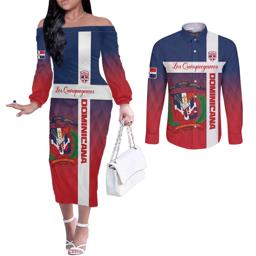 Custom Dominican Republic Football Couples Matching Off The Shoulder Long Sleeve Dress and Long Sleeve Button Shirt Come On Los Quisqueyanos
