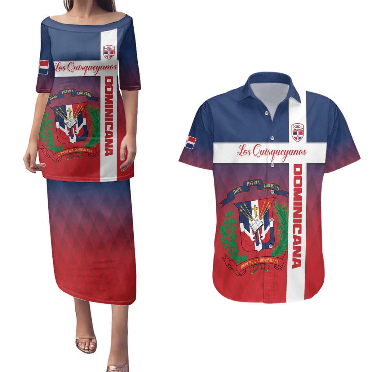 Custom Dominican Republic Football Couples Matching Puletasi and Hawaiian Shirt Come On Los Quisqueyanos