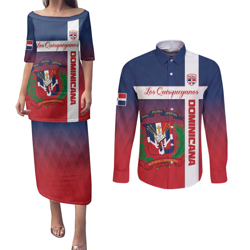 Custom Dominican Republic Football Couples Matching Puletasi and Long Sleeve Button Shirt Come On Los Quisqueyanos