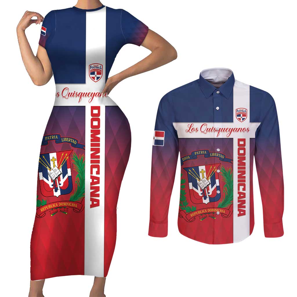 Custom Dominican Republic Football Couples Matching Short Sleeve Bodycon Dress and Long Sleeve Button Shirt Come On Los Quisqueyanos