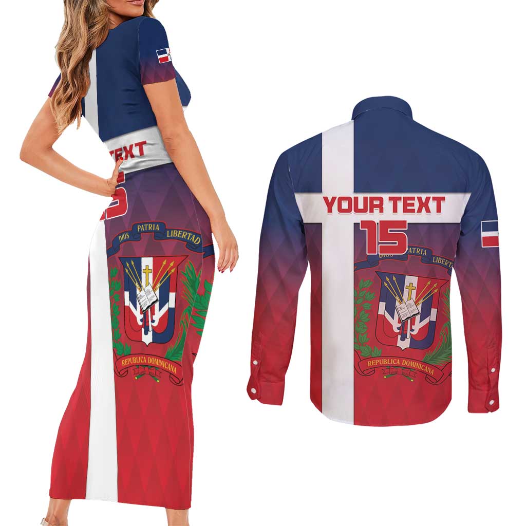 Custom Dominican Republic Football Couples Matching Short Sleeve Bodycon Dress and Long Sleeve Button Shirt Come On Los Quisqueyanos