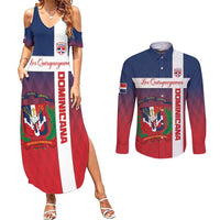 Custom Dominican Republic Football Couples Matching Summer Maxi Dress and Long Sleeve Button Shirt Come On Los Quisqueyanos