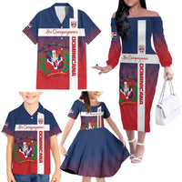Custom Dominican Republic Football Family Matching Off The Shoulder Long Sleeve Dress and Hawaiian Shirt Come On Los Quisqueyanos