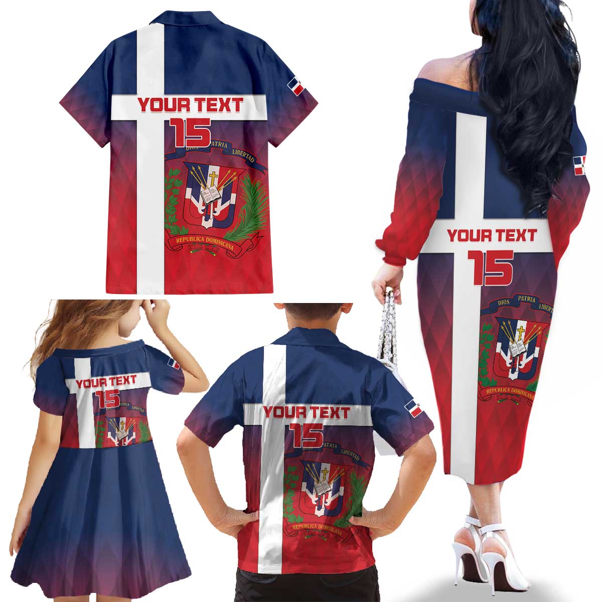 Custom Dominican Republic Football Family Matching Off The Shoulder Long Sleeve Dress and Hawaiian Shirt Come On Los Quisqueyanos