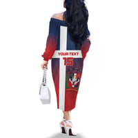 Custom Dominican Republic Football Family Matching Off The Shoulder Long Sleeve Dress and Hawaiian Shirt Come On Los Quisqueyanos