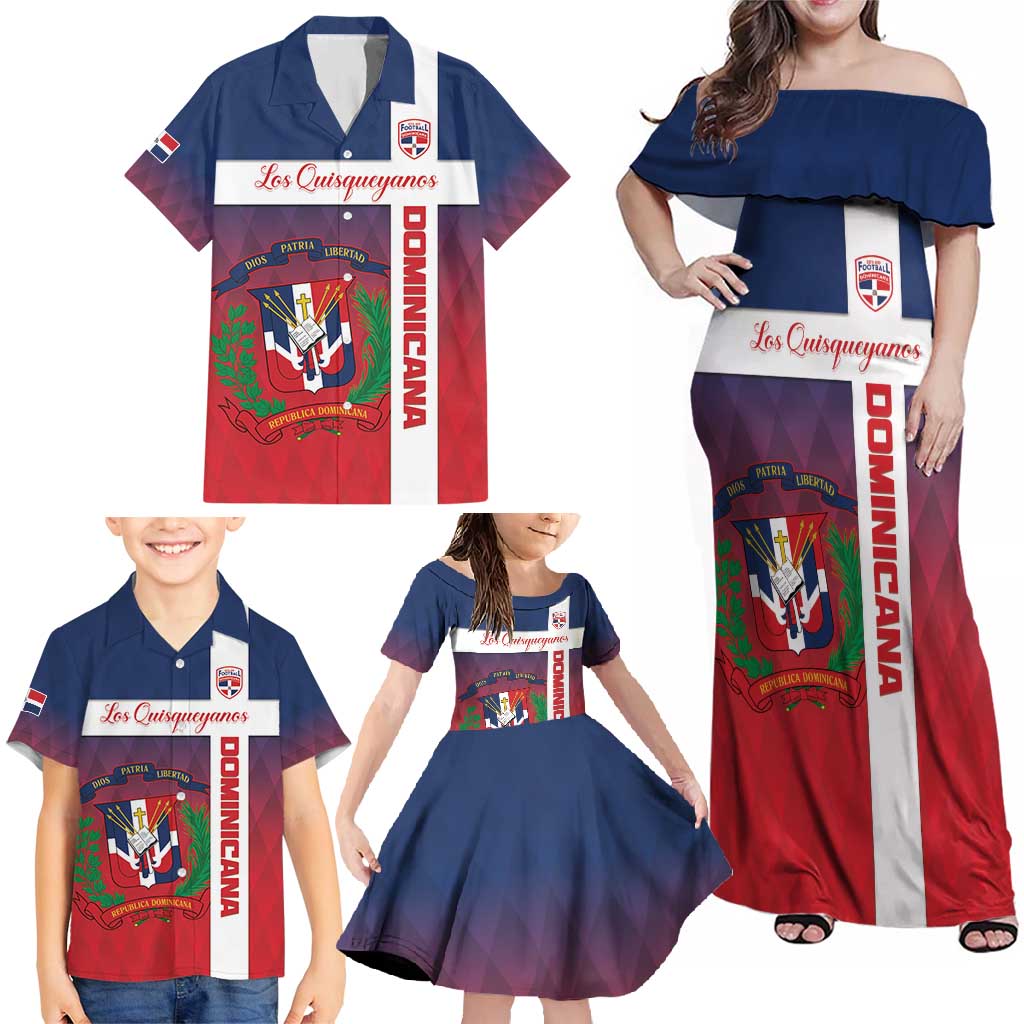 Custom Dominican Republic Football Family Matching Off Shoulder Maxi Dress and Hawaiian Shirt Come On Los Quisqueyanos
