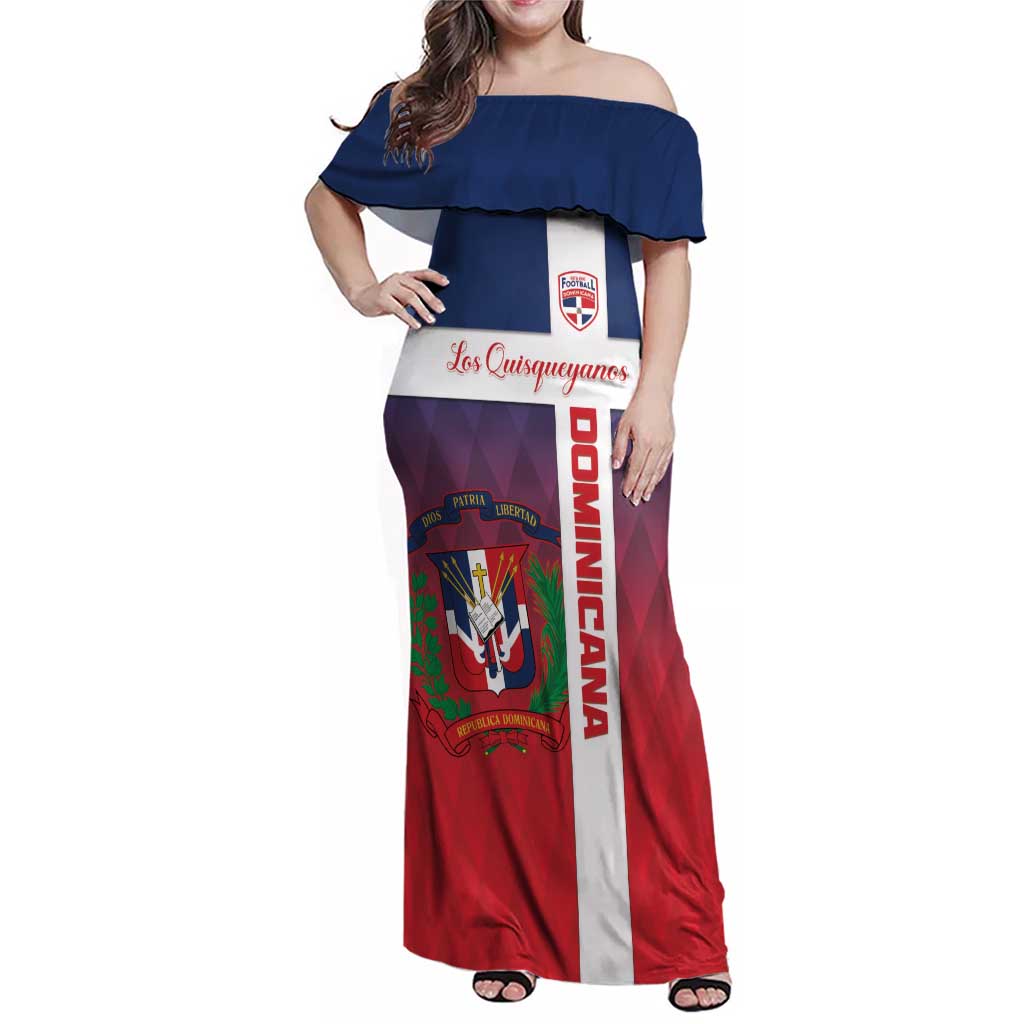 Custom Dominican Republic Football Family Matching Off Shoulder Maxi Dress and Hawaiian Shirt Come On Los Quisqueyanos